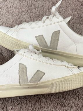 Veja White Leather Sneakers with Gray Suede V